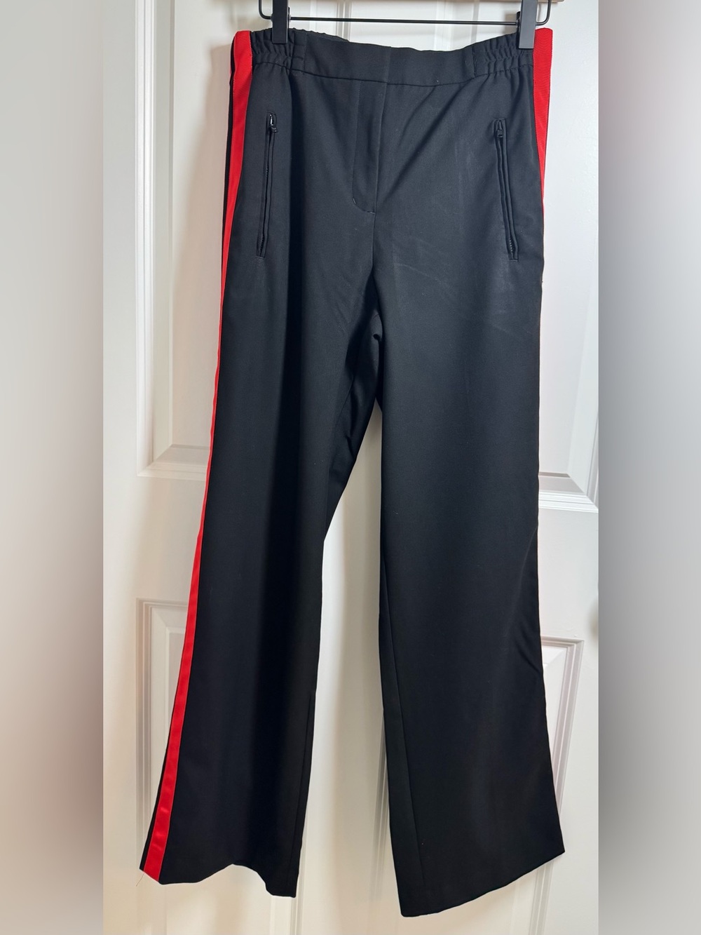 Express Women’s S/P Black Red Side Stripe Pull-On Flare Pants Zip Pockets